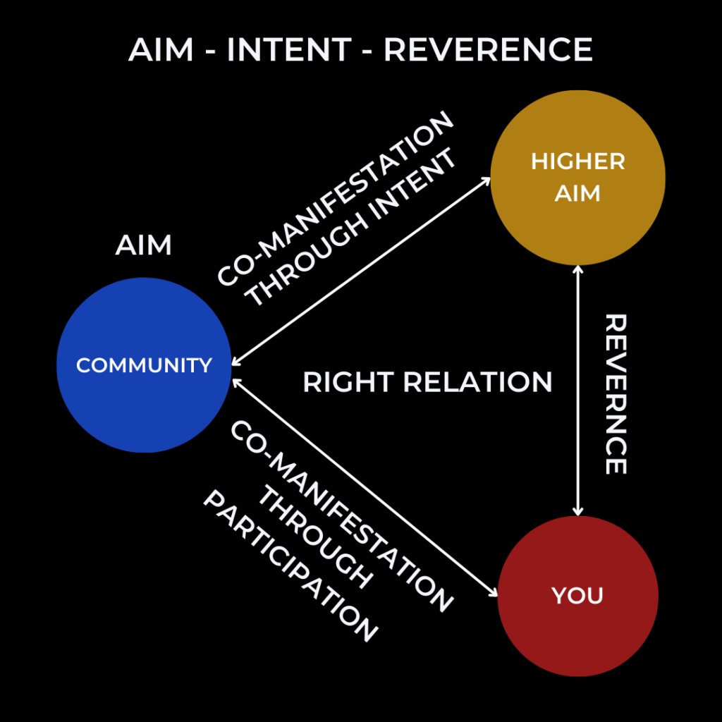 Graphic of Aim - Intent - Reverence showing co-manifestation through intent and participation.