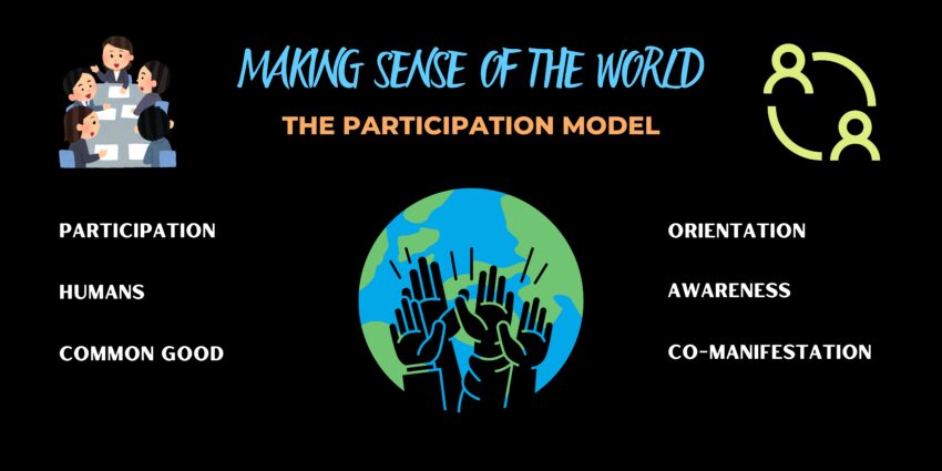 The Participation Model; Globe with People Raising Hands