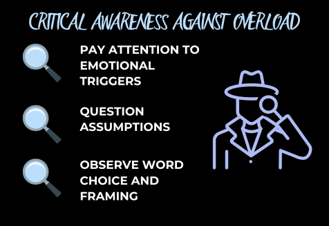 Critical awareness against overload with a person with magnifying glass. Items: pay attention to emotional triggers, question assumptions, observe word choice and framing